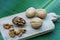 Group of walnut in wooden bowl on wood background, copy space, super food concept