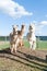 Group of white and brown Alpacas