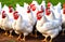 A group of white chickens with red combs standing outdoors