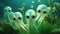 Group of white petite octopuses are in the sea weed, AI