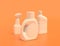 A group of white plastic cleaning supplies containers  in yellow orange background, flat colors, single color, 3d rendering