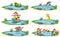 Group of wild animals in pond cartoon character on white background