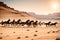 A group of wild horses galloping across an expansive, sun-drenched, Southwestern desert landscape