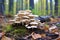 a group of wild mushrooms in a forest clearing