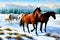 Group Of Wild Stallion Horses In Winter Generative AI