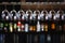 Group of wine glasses hanging above a bar rack in pub & restaurant