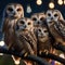 A group of wise-looking owls perched on a branch, watching fireworks burst into the night sky1