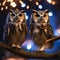 A group of wise-looking owls perched on a branch, watching fireworks burst into the night sky2