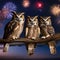 A group of wise-looking owls perched on a branch, watching fireworks burst into the night sky4