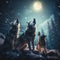 group of wolves howling under the shimmering light of a full moon in a snowy wilderness by AI generated