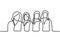 Group of woman continuous one line vector drawing. Standing confident. Audience silhouette hand drawn characters. Women waiting in