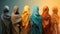 A group of women in colorful scarves standing next to each other. Generative AI image.
