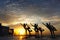 A group of women doing yoga at sunrise near the sea