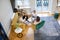 Group of women eat pizza from box, relax on sofa and talk in living room. Friends have dinner on home meeting.