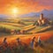 Group of women in a mediterranean landscape at sun set time in evocative scene harvesting