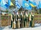 Group of women participants of Greek community Ethnic Festival Mega Yorty in Greek National costume in Mariupol,Ukraine