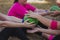 Group of women practicing ball sit up exercise in the boot camp