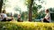 Group of women is sitting lotus position with closing eyes doing yoga in morning