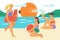 Group of women spending vacation on the sea beach, flat vector illustration.