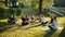 Group of women tilt neck in park on summer sunny morning under guidance of coach