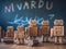 A group of wooden robots standing in front of a chalkboard. Generative AI image.
