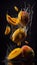 Group of Yellow Mangoes Fruits Creatively Falling-Dripping Flying or Splashing on Black Background AI Generative