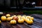 Group of Yellow Pumpkins Rainy Wooden Porch Seasonal Halloween D