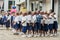 Group of young African pre school children dancing and singing in school courtyard, Matadi, Congo, Central Africa