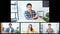 Group on young Asian business people, office coworkers on video online conference call, remote team meeting collage screen