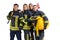 Group of young brave firefighters in uniform isolated