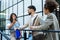 Group of young business people product strategy experts waiting for staff meeting with employer from human resources for job