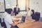 Group of young business team with woman manager standing leader meeting in conference room