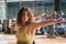 Group  Young of caucasian woman in sportswear practicing yoga pose warrior  in the gym, Concept of relaxation and meditation