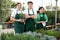 Group of young floriculturists with potted rosemary in greenhouse