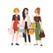 Group of young happy woman holding shopping bags. Girls or female friends with their purchases, shopaholics. Flat