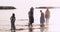 A group of young happy women and girl child smile, enjoy gorgeous beach sunrise walking on warm sea water slow motion.
