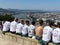 Group of young men in front of the panorama of Budapest in Hungary.