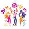 Group of young people celebrates Holi. Men and women throw colored paint. Vector illustration in flat hand drawn style