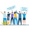 Group of young people holding we will back together sign. Flat cartoon character design for landing page, web mobile and banner