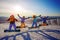 Group of young people with snowboard