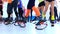 Group of young sporty women doing fitnes exercises with kangoo jumps shoes in a gym.