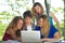 Group of young student using laptop outdoor