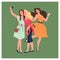 Group of young stylish beautiful modern lady girls with smartphones and making selfie together