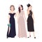 Group of young women in elegant evening dresses standing together and talking or gossiping at party or prom ball