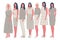 Group of young women. Seven different female images: clothing style, shoes, hairstyles