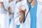 Groupe of medicine doctors hold stethoscope head closeup. Physicians ready to examine and help patient. Medical help and