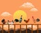 Groups of chickens stand on a wooden fence. With sunset and orange sky as the background