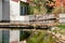 Groups of ring-tailed Lemurs and their reflection on small pond in a Zoo.