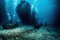 Groups of scuba divers and divers underwater view on the background of sunken wreckage.