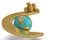 Growing business concept gold coin stacks with arrow and globe.